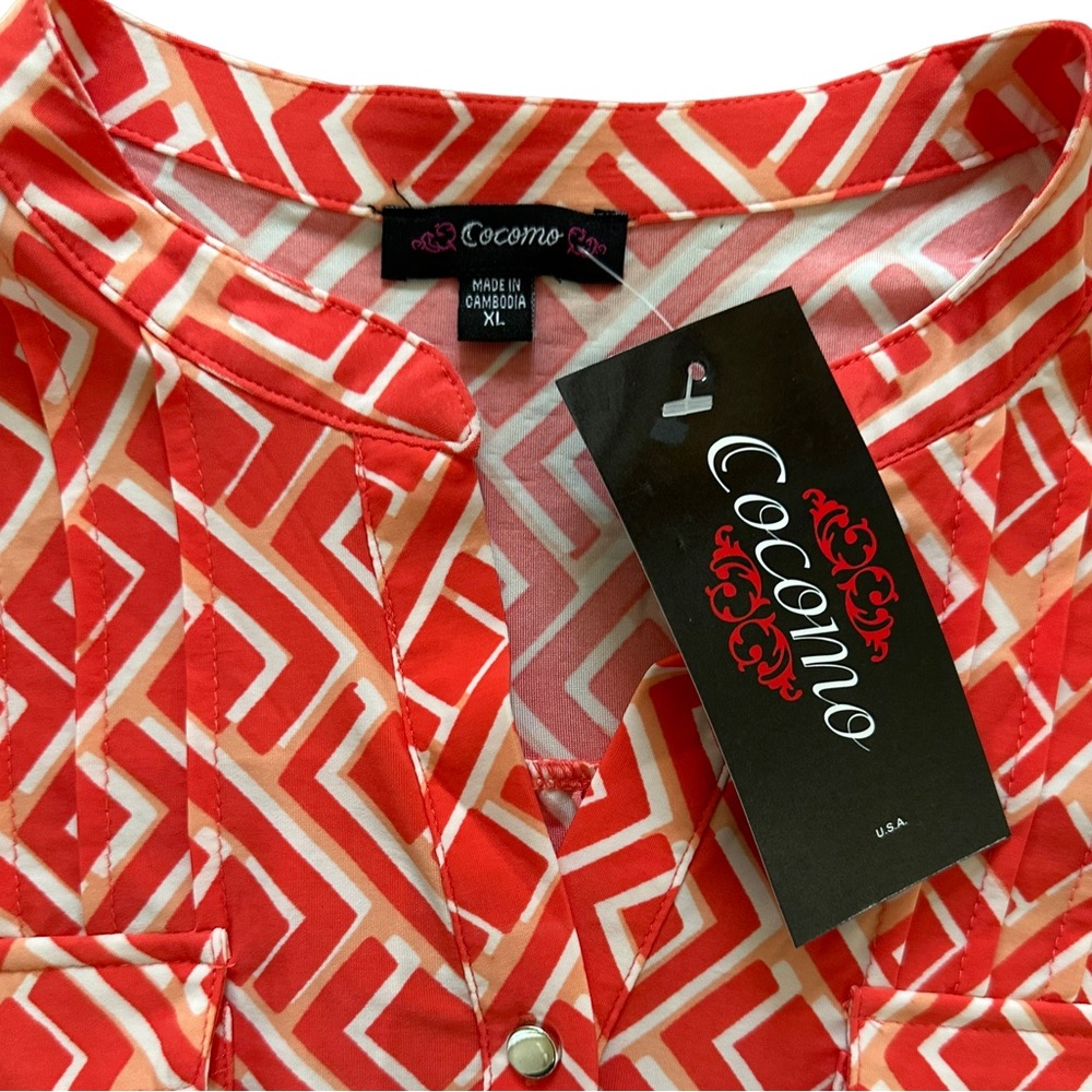 COCOMO XL Coral orange white 3/4 sleeve women’s Pintuck Blouse top shirt - Picture 11 of 15